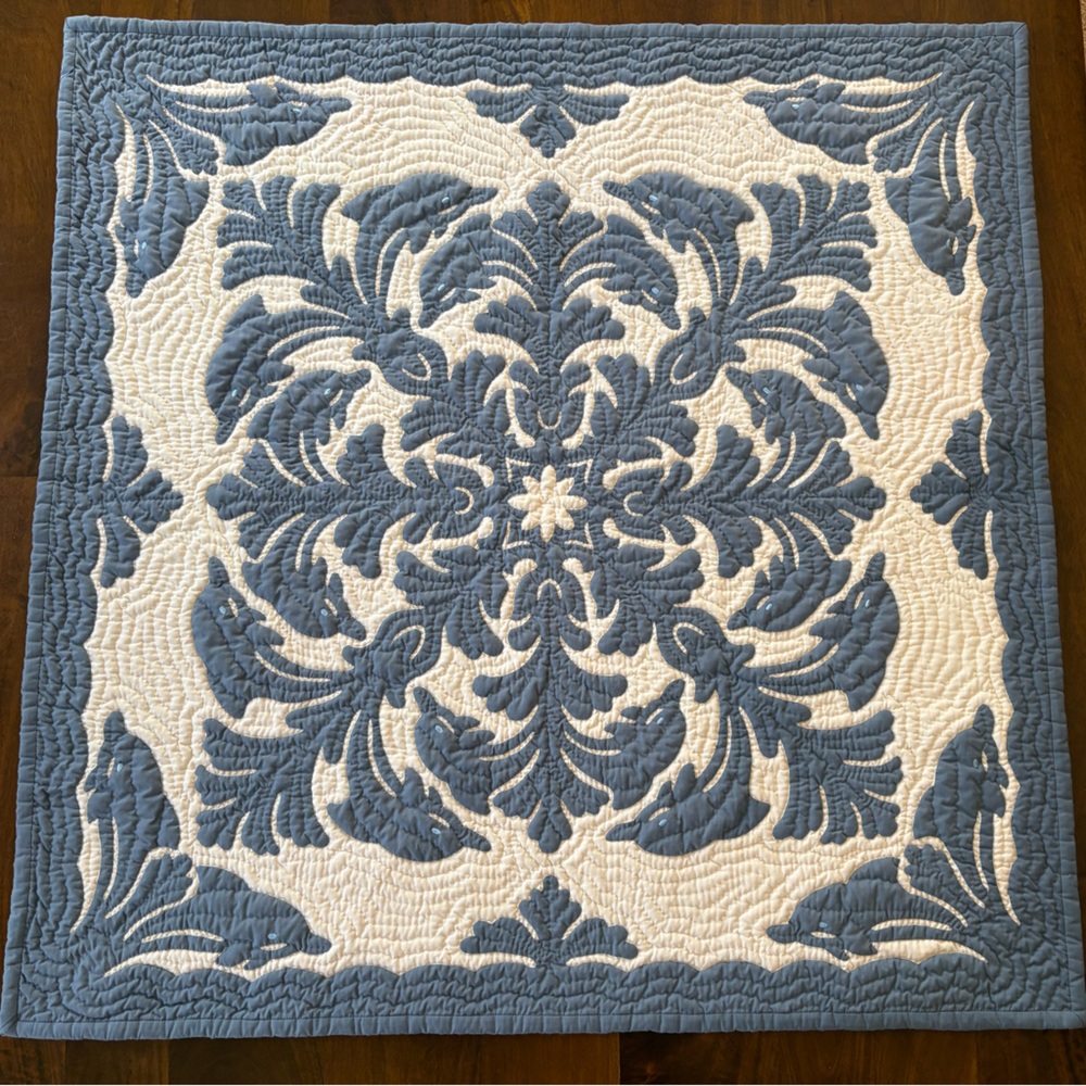 Blue & White Hawaiian-style Design w/ Dolphin Themed Handquilted Wall-hanging